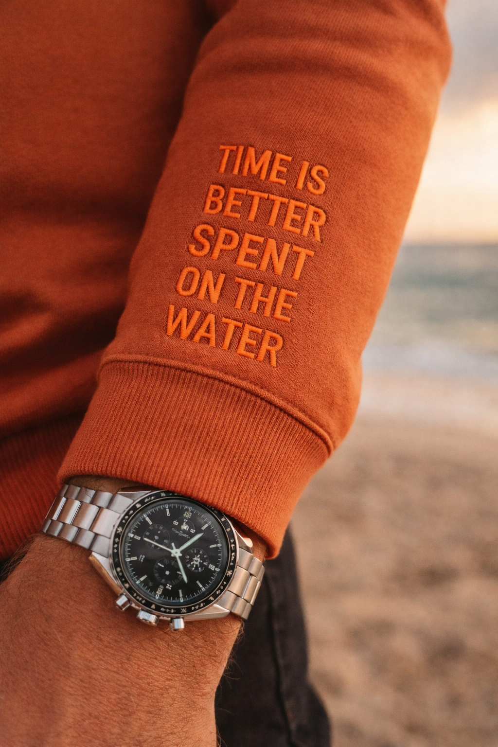 Orange Hoodie | Embroded with Time is better spent on the water for Foilers, Surfers, Boating, Sailing, Kiting, wakefoiling, rowing and other watersports